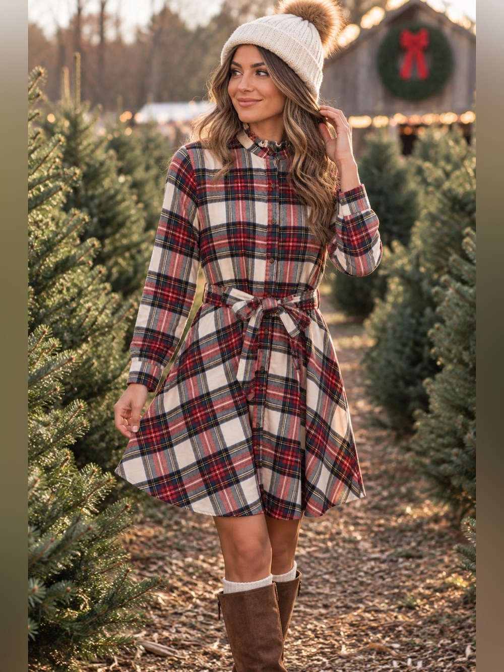 Kiel James Patrick Holiday Plaid Tie-Waist Long Sleeve Dress Cotton M Medium